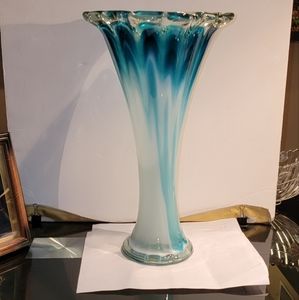Beautiful Vintage Aqua Blue Glass French Mid-Century Vase 15" Tall